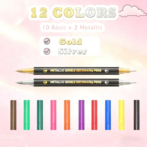 Food Coloring Pens Set of 12, Dual Tips Edible Ink Markers, Food Grade Gourmet Writers with 12 Vibrant Colors, for Cookies, Cakes, Cupcakes, Crafts, Drawing, Painting & Baking Decorating