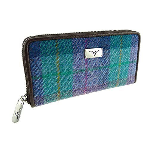 KWH Glen Appin of Scotland Green Purple Tartan Check Harris Tweed Ladies Staffa Zip Round Purse Wallet