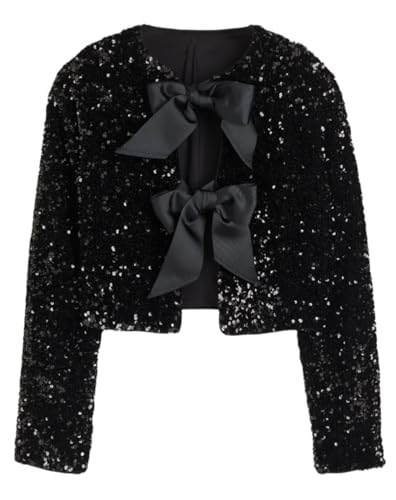 Women's Casual Sequin Jackets Bow Coats Sparkling Holiday Party Y2k Cropped Tops
