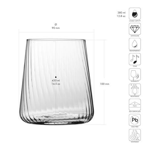 KROSNO Avant-Garde LUMI szklanki do napojów 430 ml – zestaw 6 szt., kryształ bezołowiowy, ryflowane szkło, eleganckie szklanki do wody drinków whisky koktajli