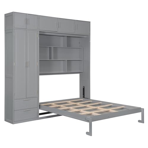 Image of Merax Queen Size Murphy Bed with Shelves, Top Cabinet and Wardrobe, Fold into The Wall, Space-Saving Design Foldable Platform Bed Frame for Bedroom, Guest Room, Home Office, Gray