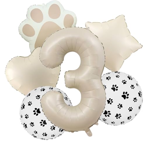 Image of 3rd Birthday Dog Paw Balloons Set,18'' Paw Prints, Heart,Star,Paw Shaped Foil Balloon 40 Inch Cream Number 3 Helium balloons for Puppy Themed Third Anniversary Birthday Party Decorations Supplies 6PCS