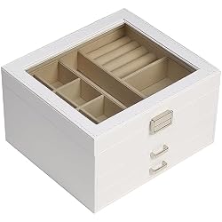 BOOVO Clear Lid Jewelry Box,3 Layers Jewelry Organizer Large Jewelry Storage Box with 2 Drawers,Jewelry Holder Organzier of Rings Earrings Necklace Bracelets for Women (White, 3 Layer)