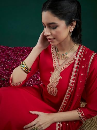 Image of INDO ERA Women's Straight Embroidered Kurta & Pant with Dupatta Set (KH9RD7924)