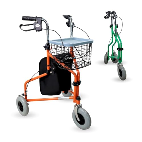 Mobiclinic®, Déambulateur pliant à 3 roues, Panier avec couvercle et sac, Freins sur les poignées, Hauteur réglable, Marque espagnole, Structure légère maniable, Petites, Orange