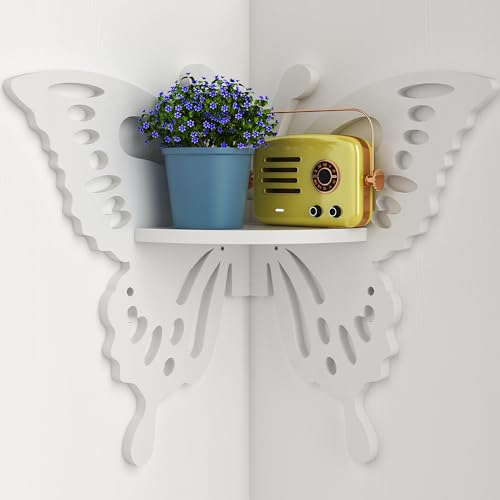 Image of Butterfly Corner Shelf Nursery Wall Deor Floating Corner Shelf for Kid’s Room, Small Cute Decorative Shelf Wall Mounted, White Hanging Hollow Out Shelf for Toys, Plants and Decorations Storage, White