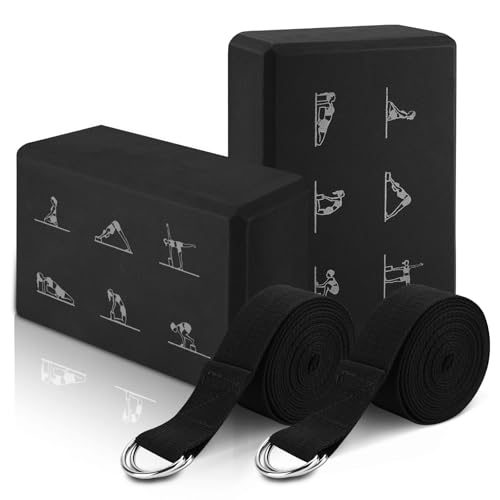 RETON Juego de bloques de yoga con correas, bloques de pilates de alta densidad, ladrillo de espuma EVA ligero, ladrillo de yoga antideslizante para estiramiento, pilates, fitness, gimnasia (negro)