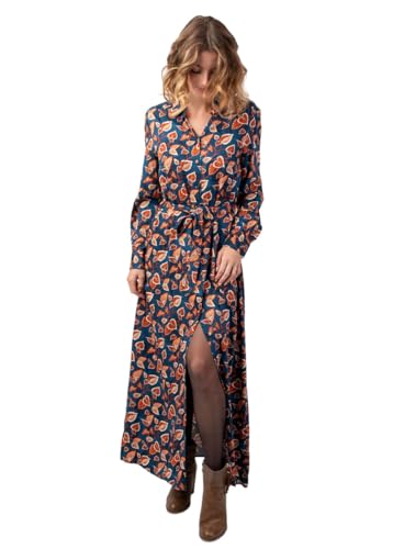 Robe longue viscose épais VAIANA motif feuillage bleu qualitatif