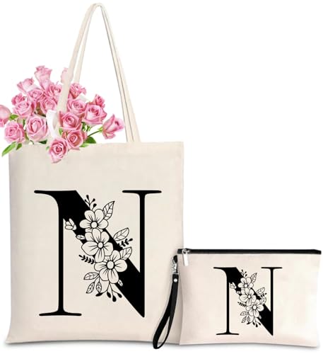 Personalized Initial Tote Bag for Women - Monogrammed Bags with Makeup Gift Bag for Wedding, Birthday, Teacher, Mother's Day