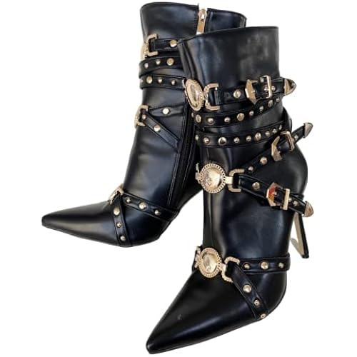 Frankie Hsu Sexy Luxury Bootie High Heeled Stiletto Black Fashion Cheerleader Motorcycle Cool Style Large Big Size Short Gold Buckle Belt Rivets Faux Fur Lined Ankle Boot For Girl Women Men