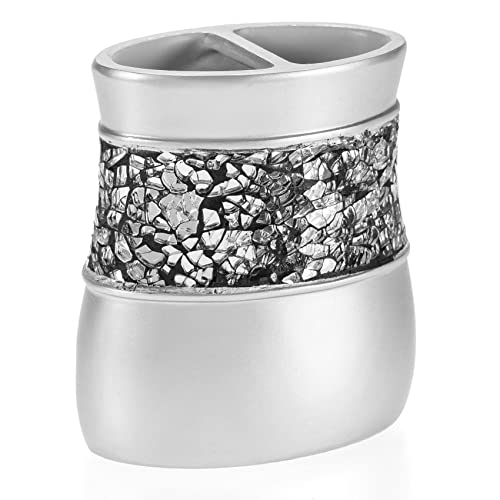 Image of Crackled Glass Silver Toothbrush Holder And Toothpaste Holder For Bathroom - Elegant Crackled Glass Bathroom Toothbrush Organizer - Decorative 2 Slot Family Toothbrush Cup Holds Multiple Toothbrushes