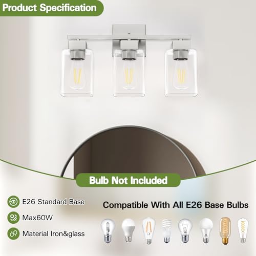 Image of Brush Nickel Bathroom Vanity Light - 3 Light Bathroom Light Fixture Square Design & UL Certification & Square Bath Room Lights Fixture Over Mirror
