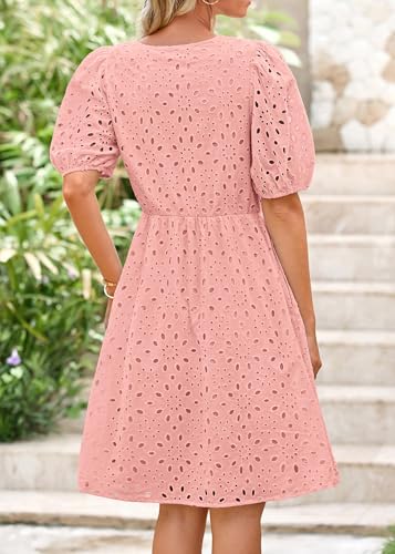 Image of KIRUNDO Eyelet Summer Dresses for Women 2025 Short Sleeve Tie Front Babydoll A Line Wedding Guest Beach Vacation Sundress
