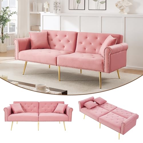 Merax 2-Sitzer-Schlafsofa, 173x75x70 cm, aus Samt, mit 3-stufig Verstellbarer Doppel-Rückenlehne, vergoldeten Metallfüßen, ergonomischer Polsterung, platzsparendes Sofa für kleine Räume, Rosa