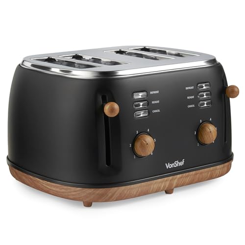 VonShef 4 Slice Toaster - Nordic Matte Black Design, 6 Browning Settings, Wide Slots, Defrost, Reheat and Cancel Functions, Removable Crumb Tray, High Lift Lever & Cord Storage - Fika Range