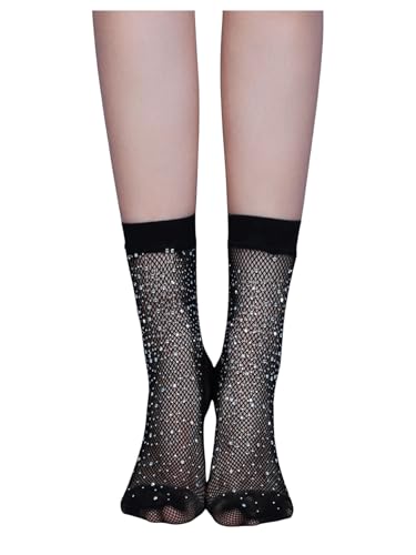 SHENHE Women's Sheer Fishnet Rhinestone Hollow Out Thin Mid Calf Anklet Crew Socks