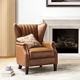 HULALA HOME Genuine Leather Accent Chair, Comfy Living Room Armchair with Solid Wood Legs, Leisure Club Chair High Back & Vintage Tufted, Camel