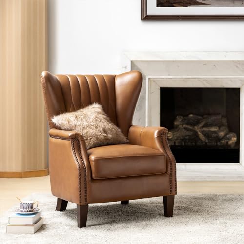 HULALA HOME Genuine Leather Wingback Club Chair, High Back Living