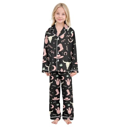 Image of Satin Pajama Sets Short Sleeve Horses Running on Colorful Button Down Silky Nightwear 2 Piece PJS 5-14Y