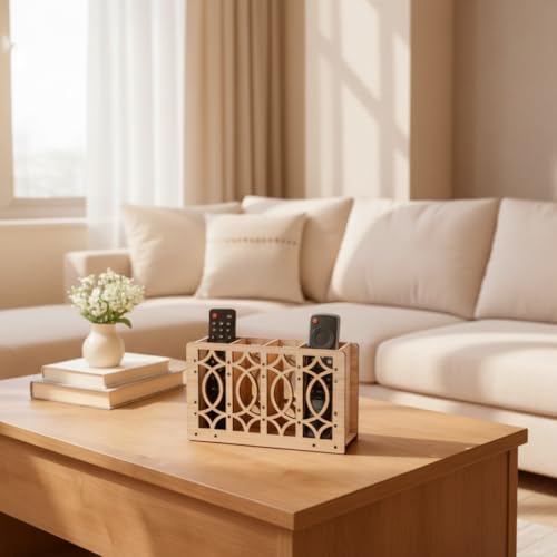 Image of Wooden Remote Organizer - TV Remote Holder Stand with 4 Compartments Decorative Remote Control Holder for Table, Living Room & Office