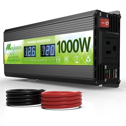 Minghaoxin 1000W Power Inverter - 12V to 110V Car Power Inverter, Modified Sine Wave Converter with Single Cooling Fan, Power Outlet, for Vehicles, RV, Outdoor, Home