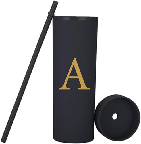 Miniatura 3 de Vaso delgado personalizado de la letra A, vasos delgados de 16 onzas con inicial mate con tapas y popotes. Vasos delgados personalizados. Regalos