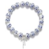 Chiorgone Pulsera de cuentas de cerámica floral azul y blanca, joyería elástica con dije de lazo plateado, estilo chino vintage para mujer, One Size, Cerámica, Sin piedra preciosa