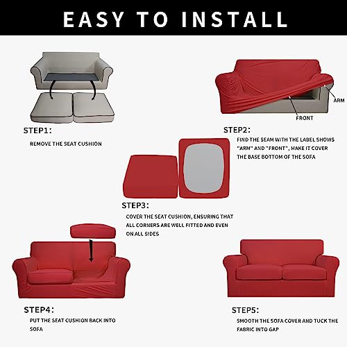 Image of Easy-Going Waterproof 3-Piece Oversized Loveseat Couch Covers for Sofa | 3-Piece Set Spandex Sofa Cover Slipcover Elastic Bottom Dog Pet Friendly Christmas Red