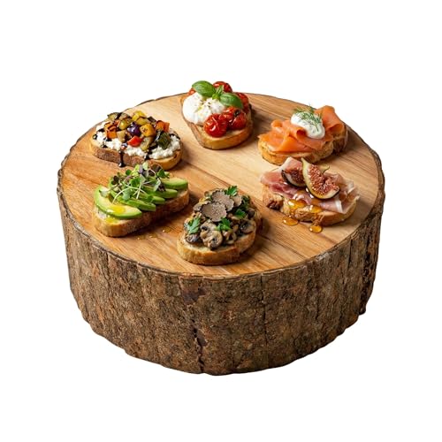 Restaurantware 10 x 5 Inch Rustic Riser For Displays 1 Large Wood Display Riser - Varnished With Bark Edges Hollowed Bottom Acacia Wood Tree Stump Display Stand For Appetizers Or Desserts by Restaurantware - Used condition - US$38.45