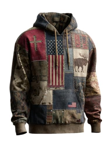 Men's Vintage Elk Faith Casual Art Hoodie Patchwork Christian American Flag Camo Hunting Top