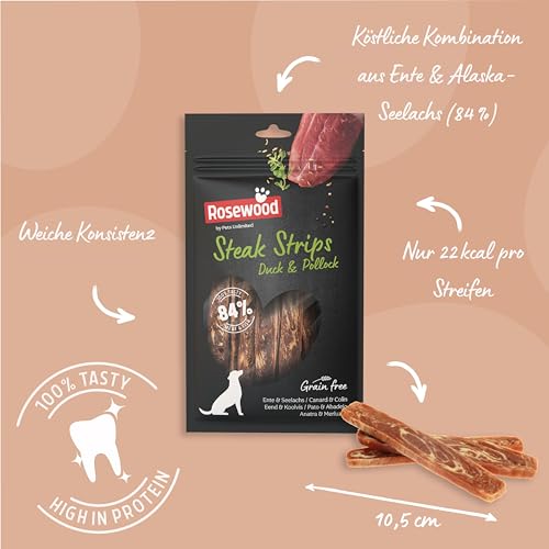 Rosewood Steak Strips Ente & Seelachs – Weiche Leckerlis für Hunde, hoher Fleisch-/Fischanteil, fettarm, ohne Getreide, ohne künstliche Zusatzstoffe, 100 g