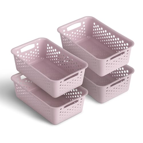 Lot de 4 paniers de rangement de 2 l, avec poignées, sans BPA, organiseur, 25 x 16 x 8 cm, rose, pour salle de bain, cuisine, chambre à coucher, panier ménager