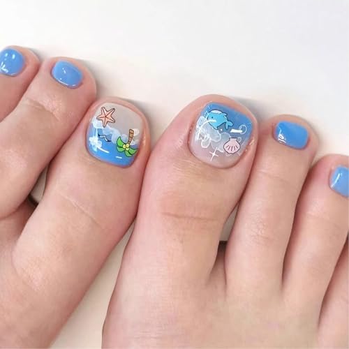 24pcs Blue Press On Toenails Beach False Toe