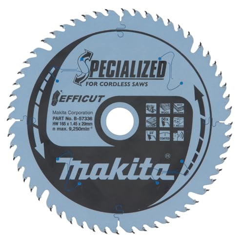 Makita B-57336 EFFICUT Kreissägeblatt Ø 165 x 1,45 x 20 mm, 56 Zähne, 23° Zahnwinkel, sehr saubere und schnelle Schnitte in Holz, MDF, Laminat, für Akku-Handkreissägen