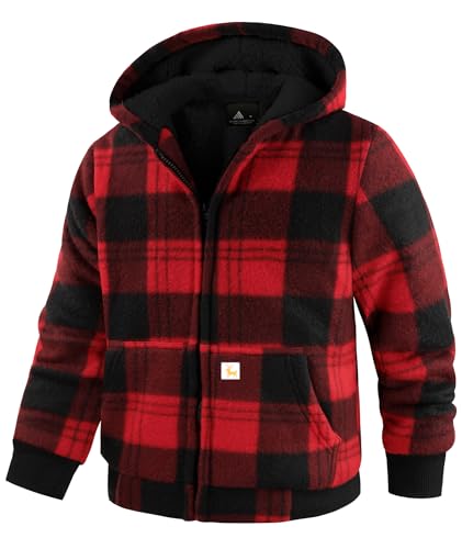 Image of V VALANCH Boys Flannel Jacket Hooded Fleece Lined Zip-up Hoodies Plaid Coat for Kids