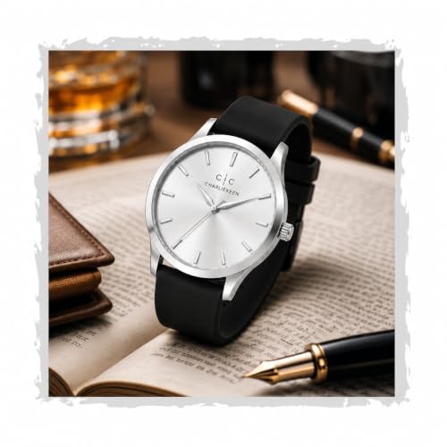 Image of CHARLIEKEEN Analog Watch with Silver Dial and Silicone Strap | Minimalist Dial, Gift Box Included, Index Hour Markers, Analogue Display, Unisex Design