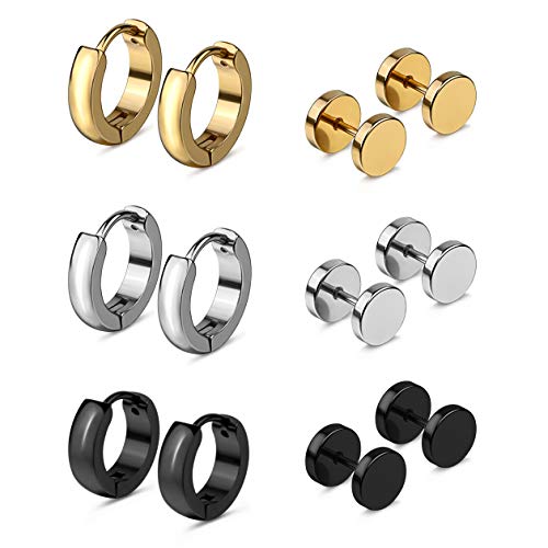 PLTGOOD Juego de 6 pares de aretes de aro pequeños y aretes de tuerca para mujeres y hombres, hipoalergénicos de acero inoxidable – oro, plata y negro