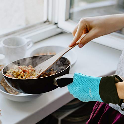 Image of Kitchen Oven Gloves - Dual-Layer Heat Resistant Grilling Gloves, Silicone Oven Mitts with 5 Fingers, Waterproof Non-Slip Pot Holder for Barbecue, Cooking, Baking (Blue, Long)