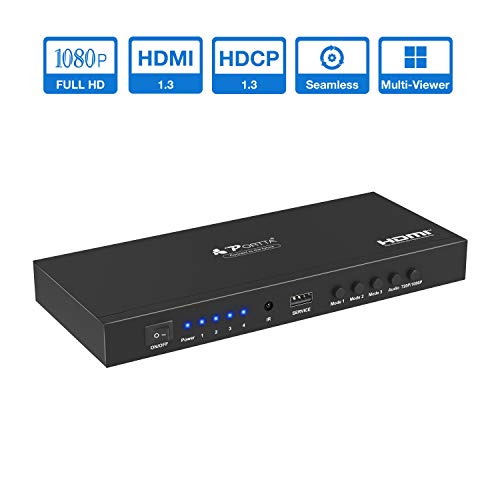 PORTTA HDMI Switch 4 puertos, HDMI Quad Multi-Viewer Seamless Switcher 4 en 1 Out HDMI Splitter 4x1 con Audio Extractor to Stereo Toslink Coaxial, 1080P Scaler UP/Down, 5 Viewing Modes