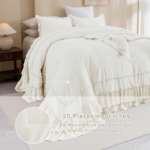 Image of QSH Oversized King Ruffle Comforter 128x120,3PCs Ivory Farmhouse Lightweight Ruffled Bed Comforter Set Soft Microfiber Shabby Boho Chic California King Bed Comforter Set French Country Bedding