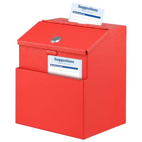 KYODOLED Suggestion Box with Lock and 50 Free Suggestion Cards, Metal Wall Mounted Ballot, Donation and Collection Key Drop Box with Slot & 2 Keys, 8H x 5.7W x 7L Inch, Red