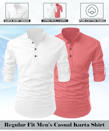 Image of FINIVO FASHION Combo of Men's Cotton Blend Solid Regular Fit Full Sleeve Straight Short Kurta Shirt, Casual and Formal Wear