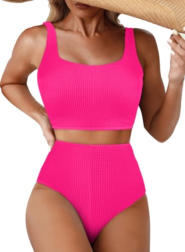 Herseas Women's Bikini Sets Scrunch Square Neck Swimsuits Slimming Wireless Resort Bathing Suits Hot Pink Vacation Outfits Large