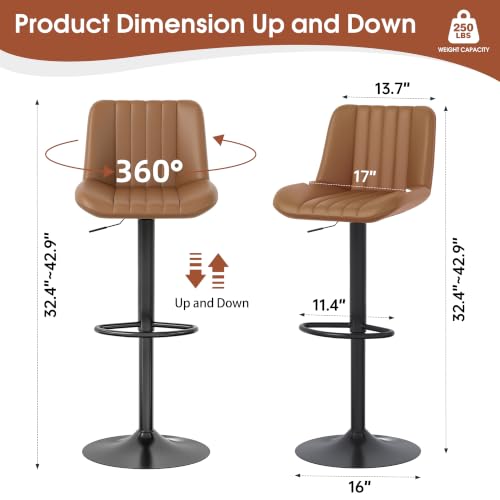 Image of JAMFLY Modern Leather Bar Stools - Swivel & Height-Adjustable Bar Chairs with Footrest, Ergonomic Design for Kitchen Island, Home & Commercial Bar - Set of 4, Brown