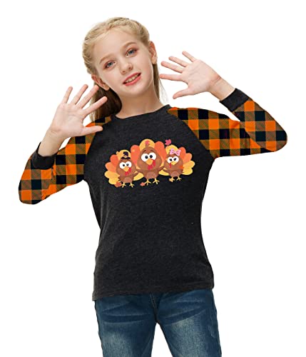 Image of Remimi Girls Thanksgiving Shirts Buffalo Plaid Raglan Tee Cute Turkey Holiday Party Long Sleeve Tshirt 5-14 Years