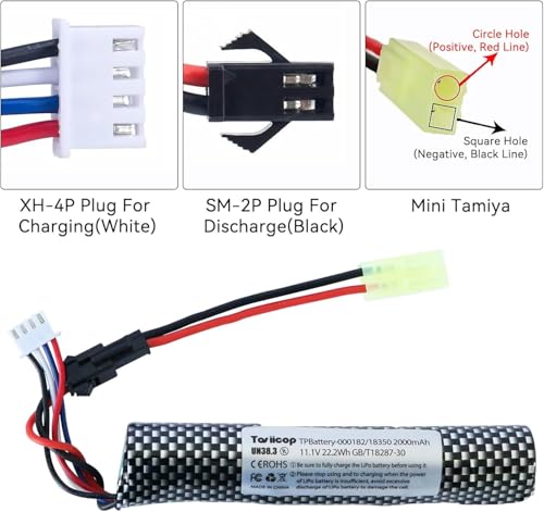 Tosiicop 11.1v Battery Gel Blaster - Airsoft Batteries 11.1 Volt 2000mAh with Charger and Mini Tamiya Connector to SM-2P Plug Conversion Cable for Water Bead Splatter Ball 2 Pack