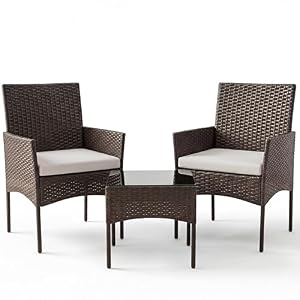 Sweetcrispy 3 Piece Patio Furniture Set, All-Weather Outdoor Conversation with Removable Cushions & Tempered Glass Table, Small Wicker Bistro Set for Balcony, Porch, Backyard, Deck, Brown