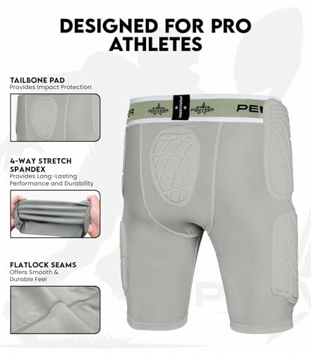 Penveer 5.0 Youth Football Girdle for Boys with Cup Pocket - Padded Compression Shorts with Integrated Hip, Thigh & Tailbone Pads for Maximum Protection (Grey, YS)