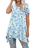 Picture of BISHUIGE Womens Summer Short Sleeve Irregular Hem Loose Tunic Tops Flowy Blouses Shirt, Jasmine Light Blue, 4X-Large