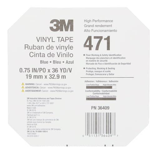 Image of 3M Vinyl Tape 471, Versatile, Clean Removal, Blue Color, 5.2 mil, 3 /4 in x 36 yd, 48 Rolls /Case